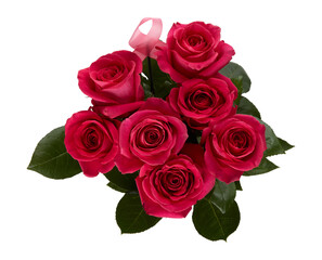 Top view of blooming red roses bouquet cut out isolated transparent background