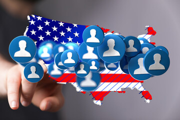 Digital network map of the USA, showcasing connections and people across the country.  Ideal for...