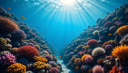 Obraz premium Vibrant Underwater Coral Reef Scene with Sunbeams and Colorful Fish a Stunning Ocean Nature Photograph