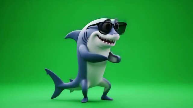 Cool Cartoon Shark on Green Screen - A fun, 3D-animated cartoon shark wearing sunglasses stands against a bright green screen background. The shark is bipedal and has a friendly expression.
