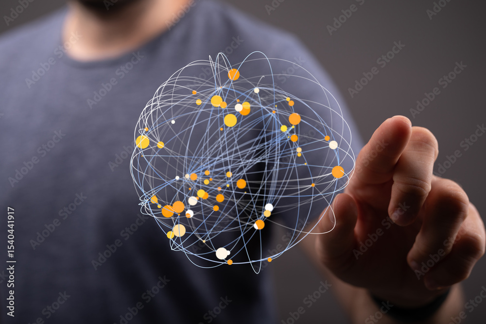 Poster Abstract image of a person interacting with a digital network. Represents global connectivity, data flow, and technology.