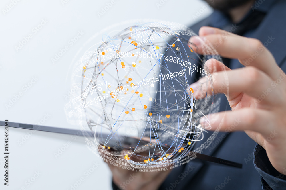 Poster Person interacts with a digital globe showing data connections.