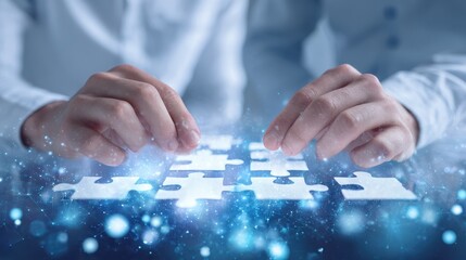 Naklejka premium Hands assembling a puzzle with a digital, abstract background, symbolizing problem-solving and creativity.