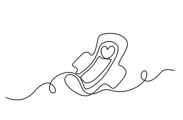 One continuous line drawing of sanitary napkin and pad. Menstruation cycle and menstrual calendar concept in simple linear style. Hygienic absorbent in Editable stroke.  Hand drawn one line vector.