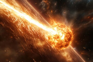 A bright orange comet is streaking across the sky above a mountain range