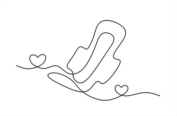 One continuous line drawing of sanitary napkin and pad. Menstruation cycle and menstrual calendar concept in simple linear style. Hygienic absorbent in Editable stroke.  Hand drawn one line vector.