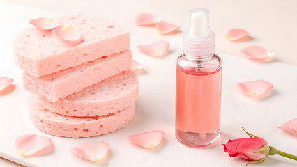 Stacked Pink Facial Sponges with Spray and Petals in Soft Light