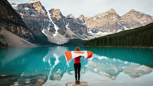 Woman holding a Canadian flag in her hands at canadian rockies lake