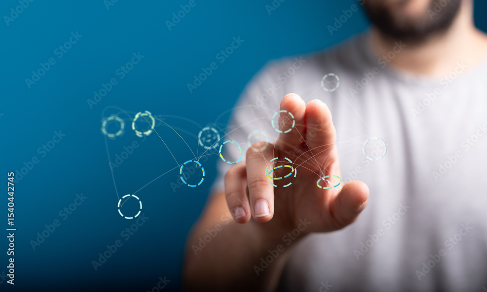 Aufkleber person uses finger to interact with a digital network. concept of connection and technology.