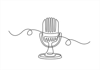 Podcast. Continuous one single line drawing Retro microphone logo icon, vector illustration concept. Hand drawn one line vector.Editable stroke