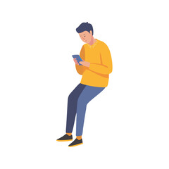 Young man sitting using smartphone clean cutout illustration