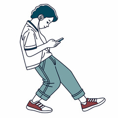 Young person walking listening music smartphone