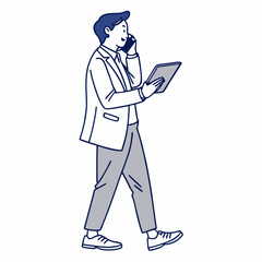 Businessman walking talking phone holding tablet digital device