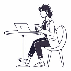 Woman working on laptop at cafe enjoying coffee break