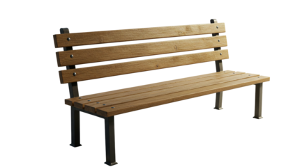 Outdoor park bench seating wooden slats and metal frame public furniture for resting and relaxing in garden on transparent background