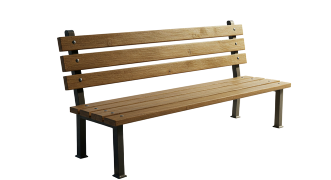 Outdoor park bench seating wooden slats and metal frame public furniture for resting and relaxing in garden on transparent background