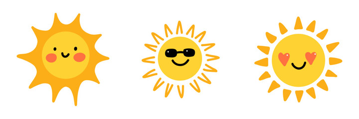 Cute sun collection. Adorable set of cartoon sun characters with faces with cheeks, sunglasses, and heart eyes. Perfect for kids designs, summer themes, prints, and playful decor.