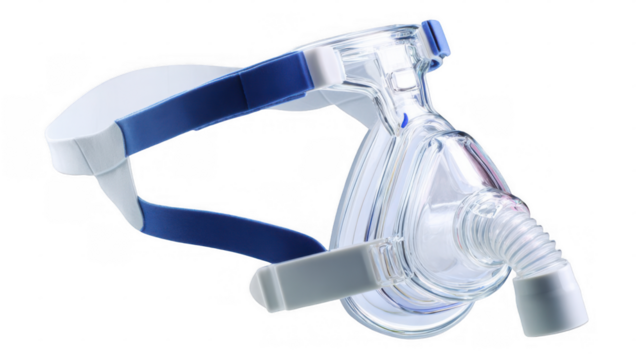 Cpap mask providing continuous positive airway pressure, a common treatment for sleep apnea, features adjustable headgear and a transparent design on a transparent background