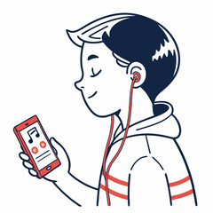 Boy listening to music on smartphone with earbuds