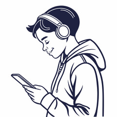 Boy wearing headphones using smartphone listening music