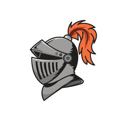 Medieval knight helmet with feathers, isolated on white background