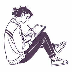 Young person drawing on tablet sitting floor casual clothes