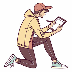 Young man kneeling using stylus on tablet drawing design