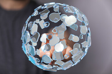 Abstract image of a sphere filled with speech bubbles, symbolizing global communication and social...