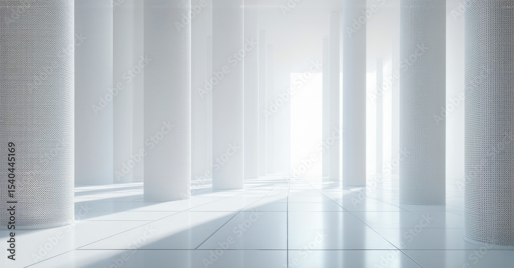 Poster Minimalist interior. White columns create endless perspective. Bright light emanates from distant opening. Clean lines, modern design.