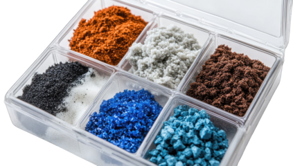Transparent plastic container holding six small compartments filled with different colored powders and granular materials