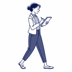 Businesswoman walking and taking notes on tablet