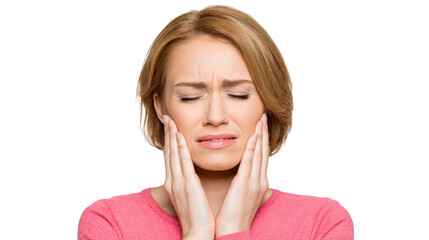Fototapeta premium Middle aged woman experiencing intense tooth pain, holding her face with closed eyes and a pained expression, isolated on a transparent background