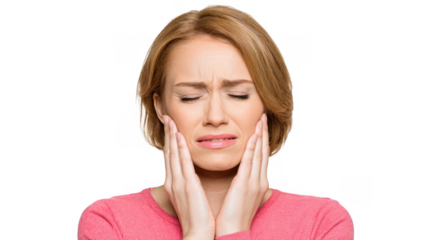 Middle aged woman experiencing intense tooth pain, holding her face with closed eyes and a pained expression, isolated on a transparent background