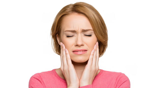 Middle aged woman experiencing intense tooth pain, holding her face with closed eyes and a pained expression, isolated on a transparent background - Powered by Adobe