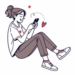 Happy young woman using smartphone smiling sitting floor