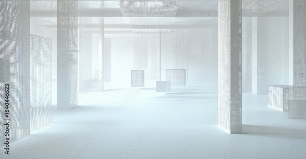 Poster minimalist interior. white space dominates, columns support ceiling. geometric shapes float within b