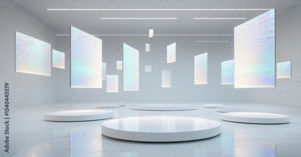 Aufkleber Minimalist gallery space. White platforms display shimmering rectangular panels. Bright lighting creates clean aesthetic. Modern design.