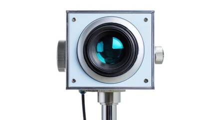 Surgical camera displaying a striking cyan reflection, mounted on a sturdy metal stand, positioned against a transparent background, primed for use in medical operations
