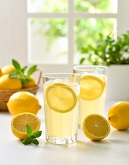 sliced lemon jus and mint on a wooden table outside.