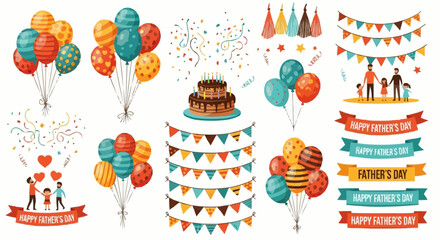 Set of vector illustrations of family celebrations: balloons, cake, decorations, and Father's Day banners
