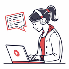 Young woman using laptop headphones online learning video course