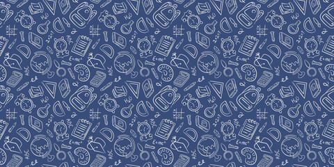 Seamless school doodle pattern with education elements, books pencil, globe, clock and backpack on blue background. Perfect for learning and children design.