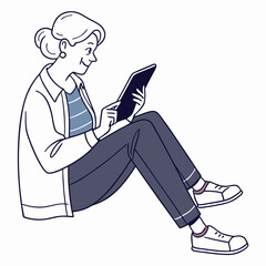 Senior woman sitting floor using tablet digital device technology
