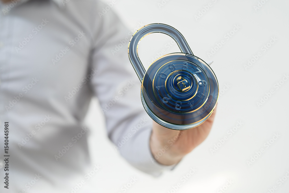 Poster image of a hand holding a digital combination lock, symbolizing online security and data protection.