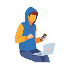 Young man in hoodie using laptop and smartphone on white background