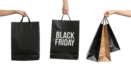 Black friday shopping bags in hands for sale and discount offers holiday season retail marketing and promotion on transparent background