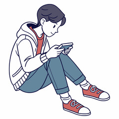Young man sitting floor using smartphone clean cutout illustration