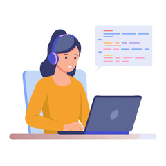 Professional woman programmer coding on laptop with transparent background