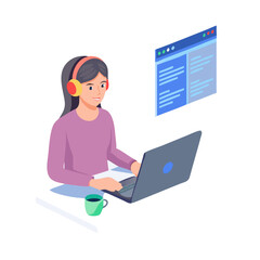 Woman with headphones working on laptop computer with clean cutout