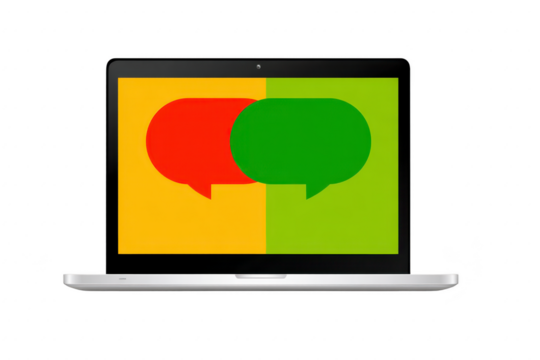 Laptop screen displays two overlapping speech bubbles, one red and one green, on split yellow and green background, symbolizing communication and interaction